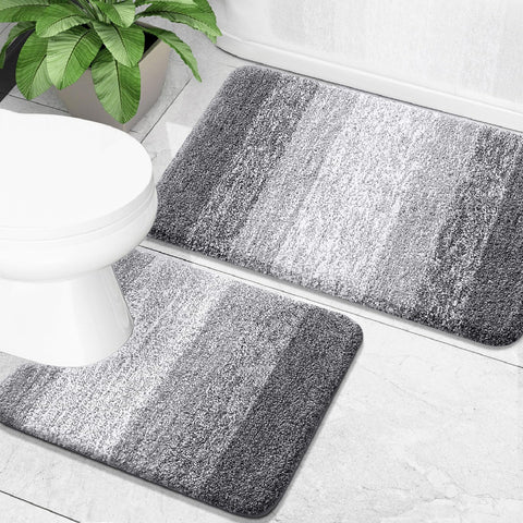 OLANLY front view of grey two-piece bath rug set showing matching stripe design and comfort