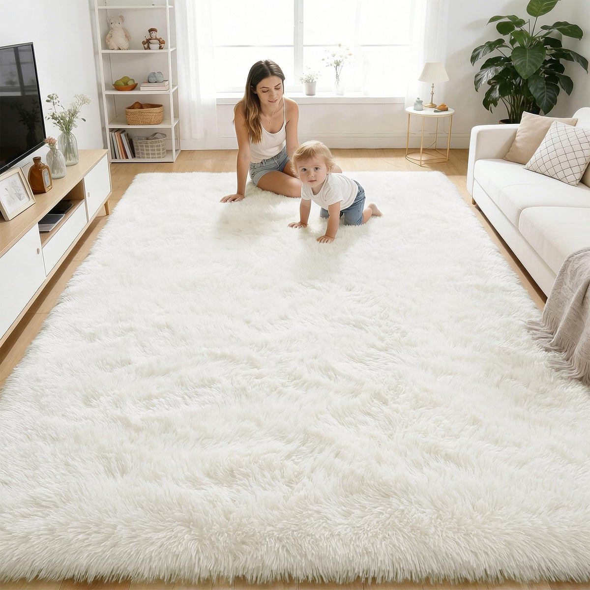 OLANLY front view of ivory 4x5.9 ft rug showing full shape and neutral color for decor