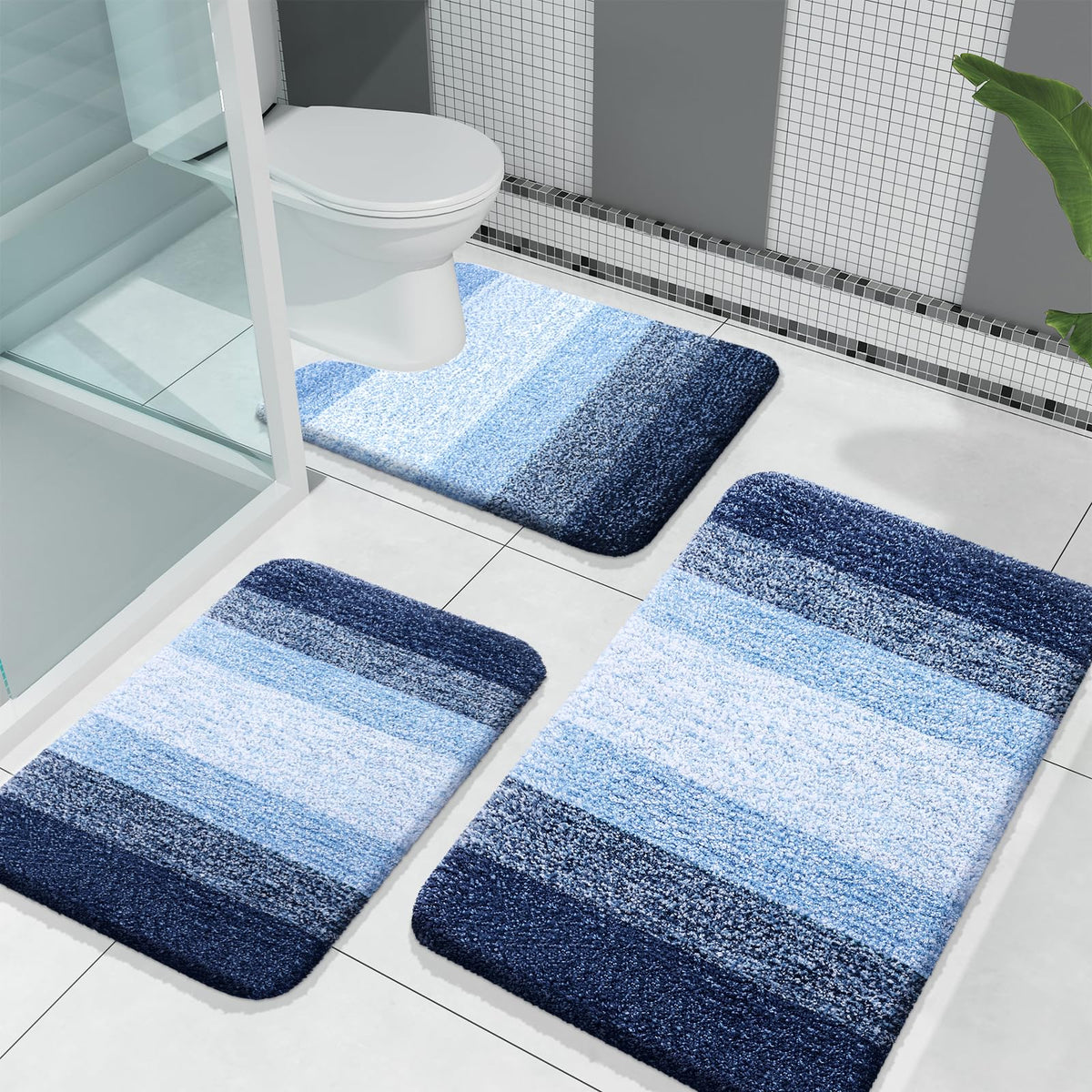 OLANLY front view of navy rug set showing coordinated pieces and color