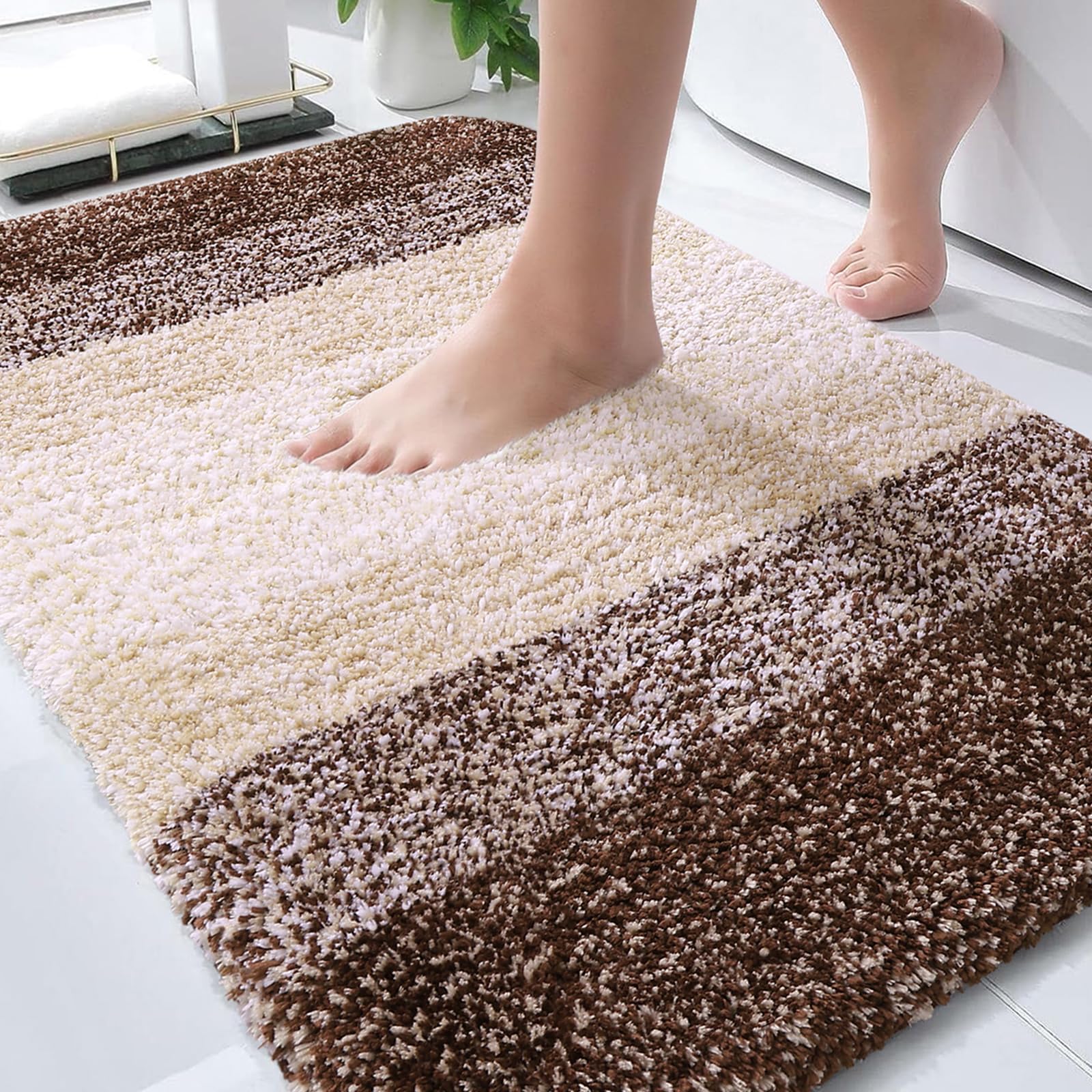OLANLY front view of 36x24 bath rug showing plush comfort and modern stripe