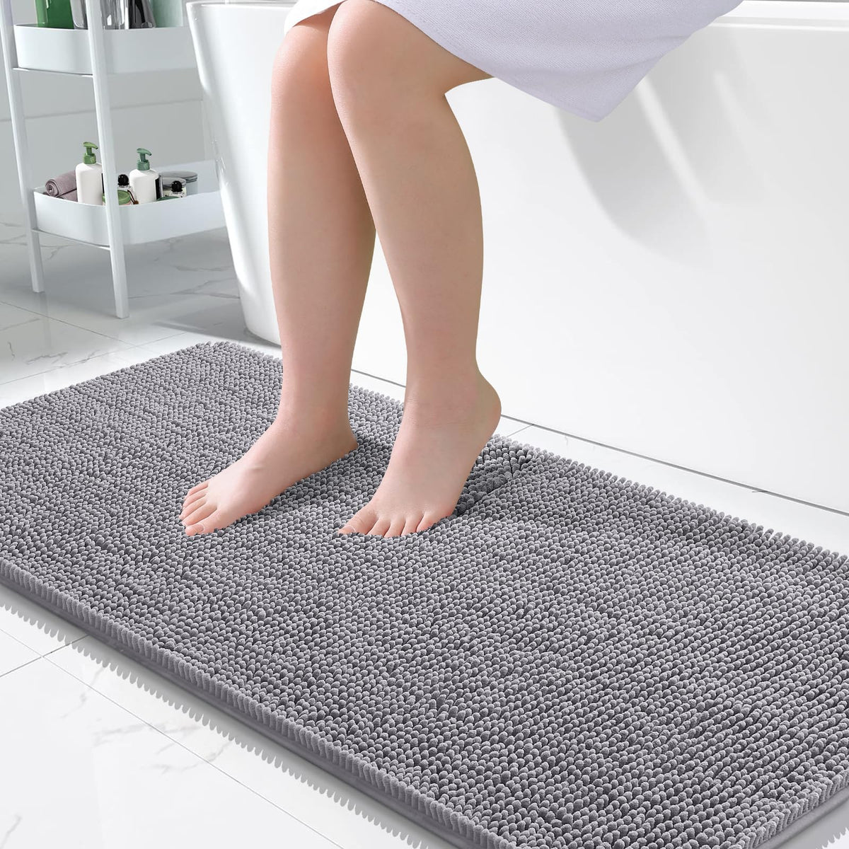 OLANLY front view of 50x30 rug showing plush chenille and coverage benefit