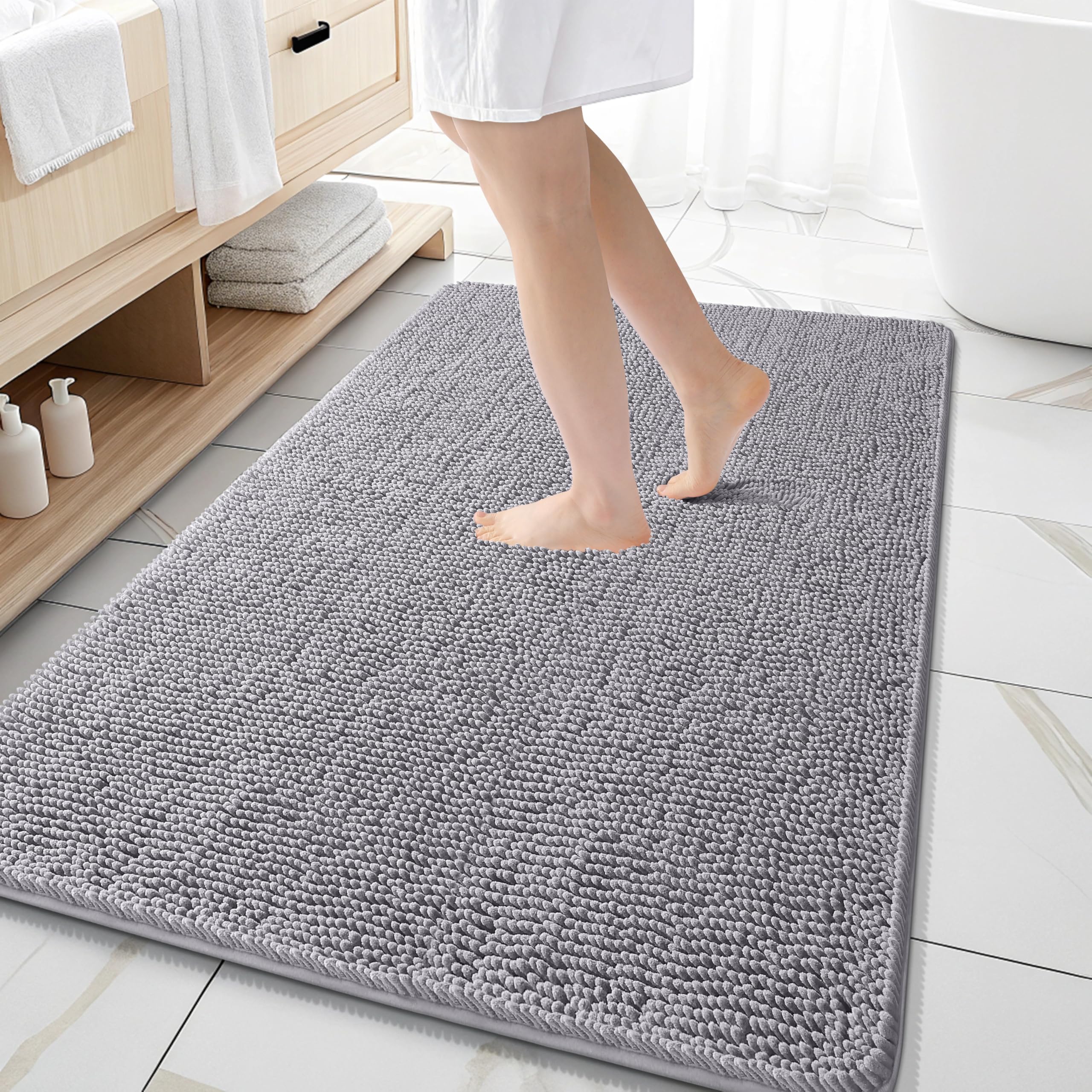 OLANLY front view of 59x35 rug showing plush chenille and shape, comfort for bathroom