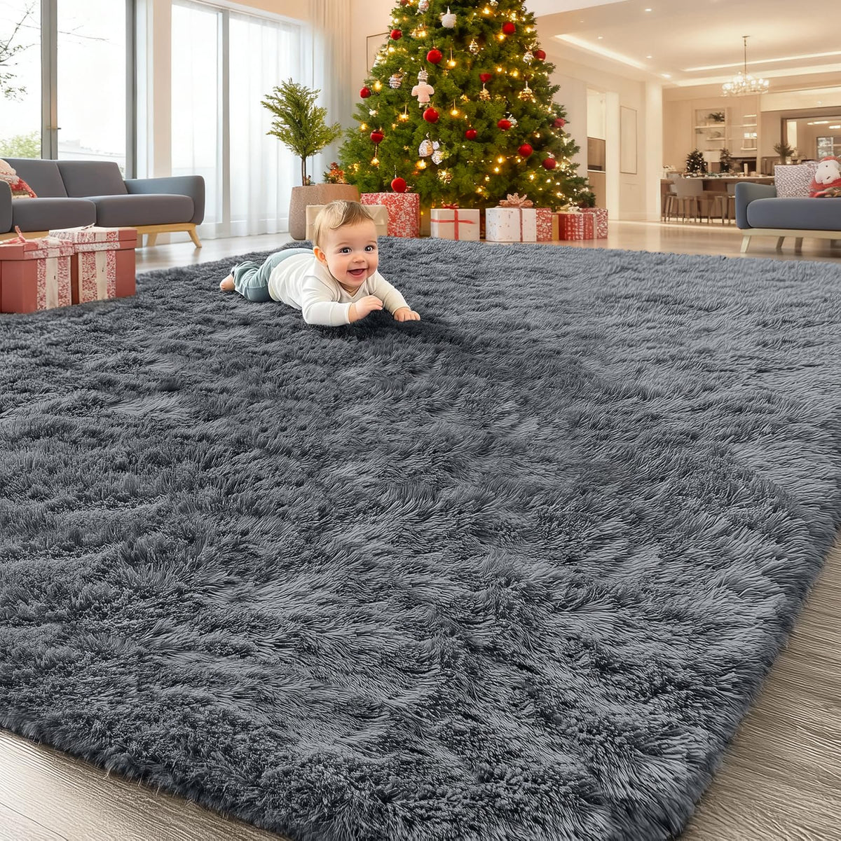 OLANLY front view of 8x10 grey shag rug showing cozy aesthetic and coverage