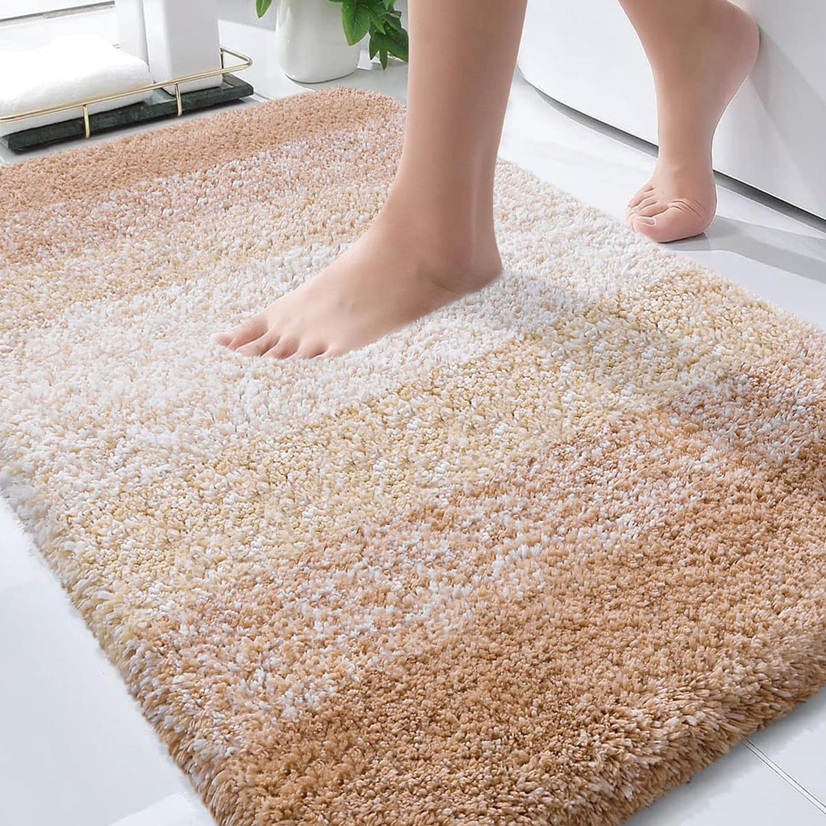 OLANLY front view of bath rug showing gradient stripes and cozy look