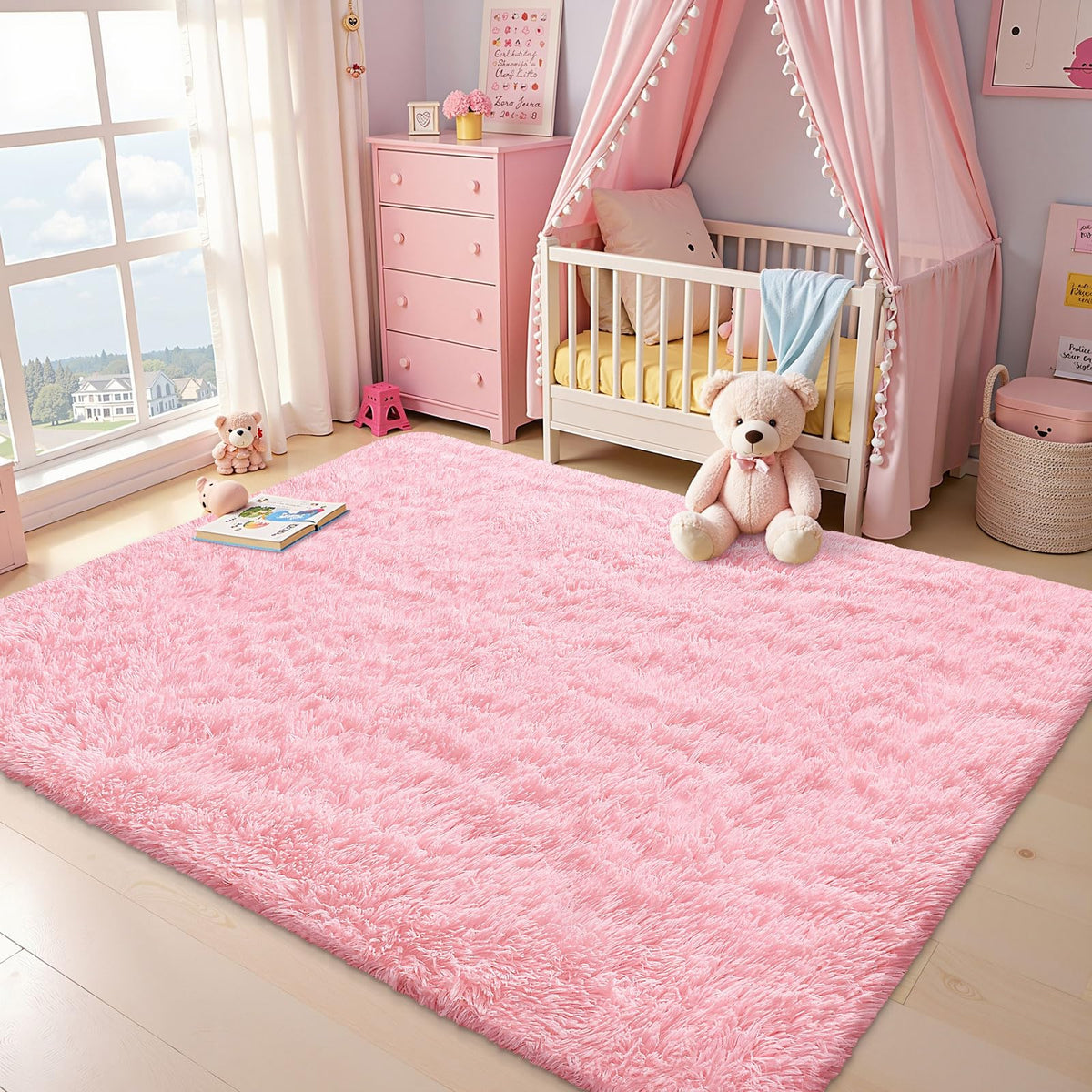 OLANLY front view pink rug showing plush pile and aesthetic appeal