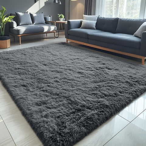 OLANLY full view grey rug showing room coverage and cosy look