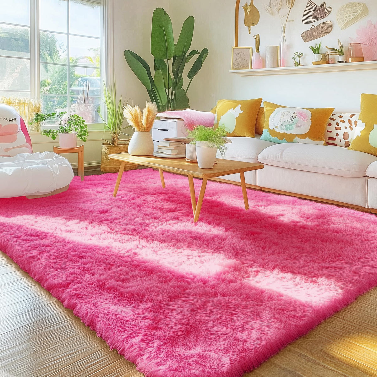 OLANLY hot pink rug front view showing plush texture and vibrant color for decor