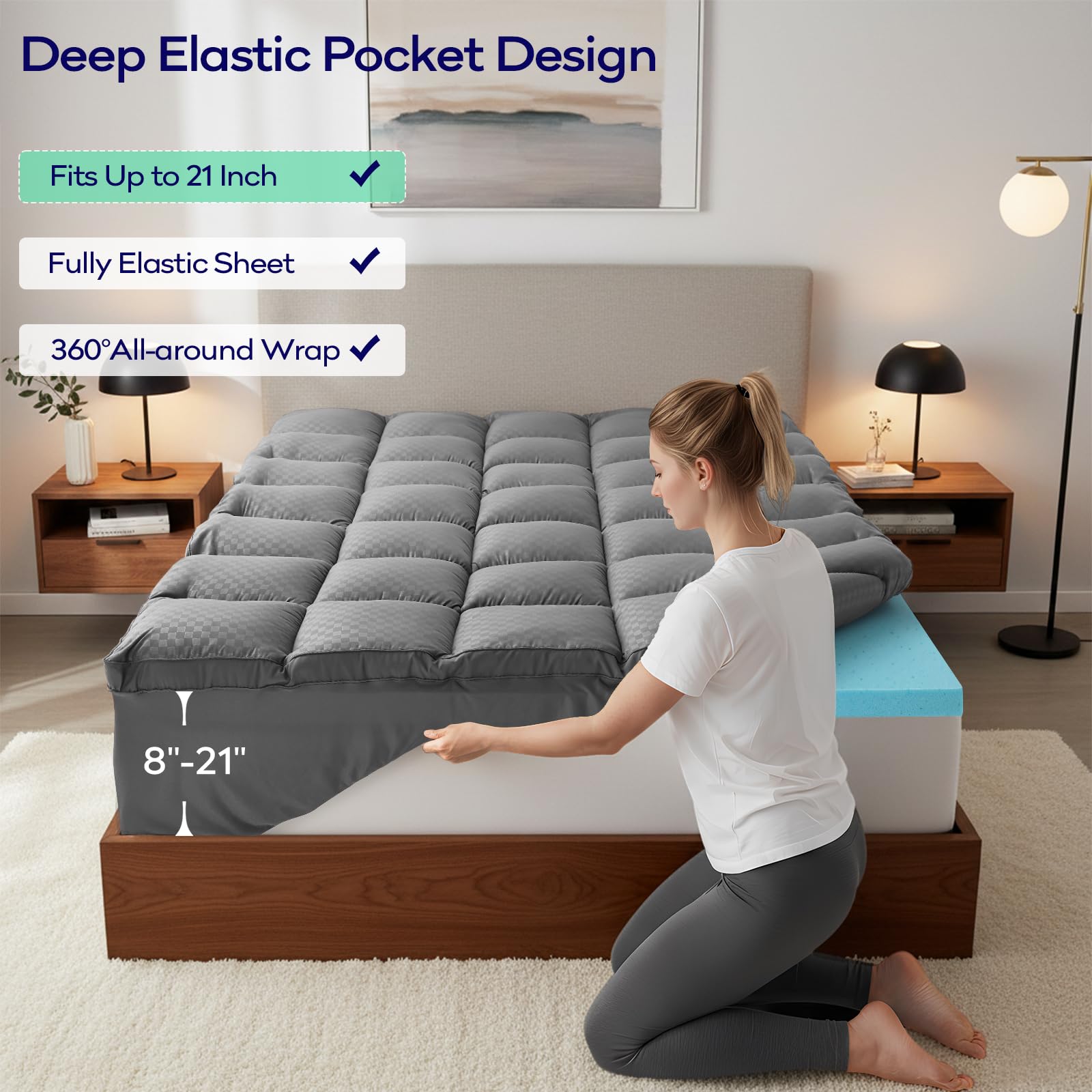 OLANLY topper next to mattress showing scale and visible 4-inch profile benefit