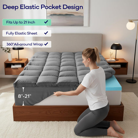 OLANLY topper next to mattress showing scale and visible 4-inch profile benefit