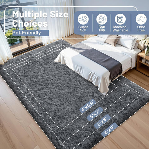 OLANLY rug next to sofa showing 5x8 size and furniture fit