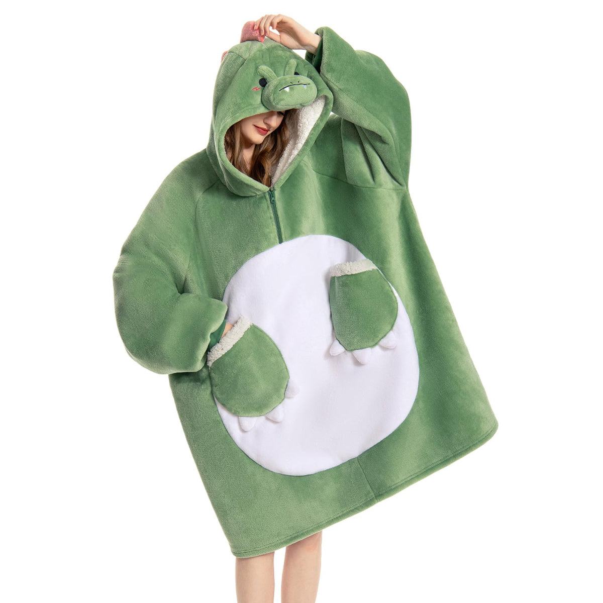 OLAOLA front view of wearable blanket hoodie showing cozy oversized fit and warmth