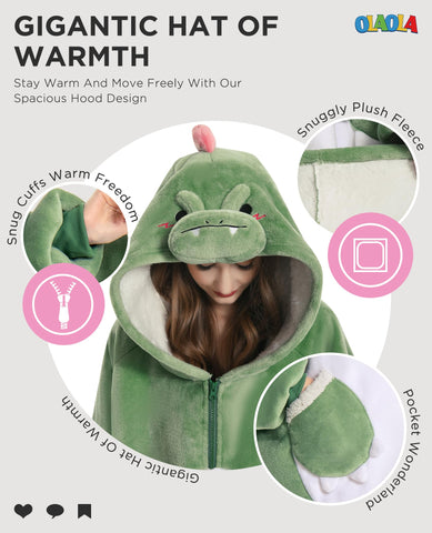 OLAOLA hood detail with dinosaur ears giving playful charm and extra head warmth
