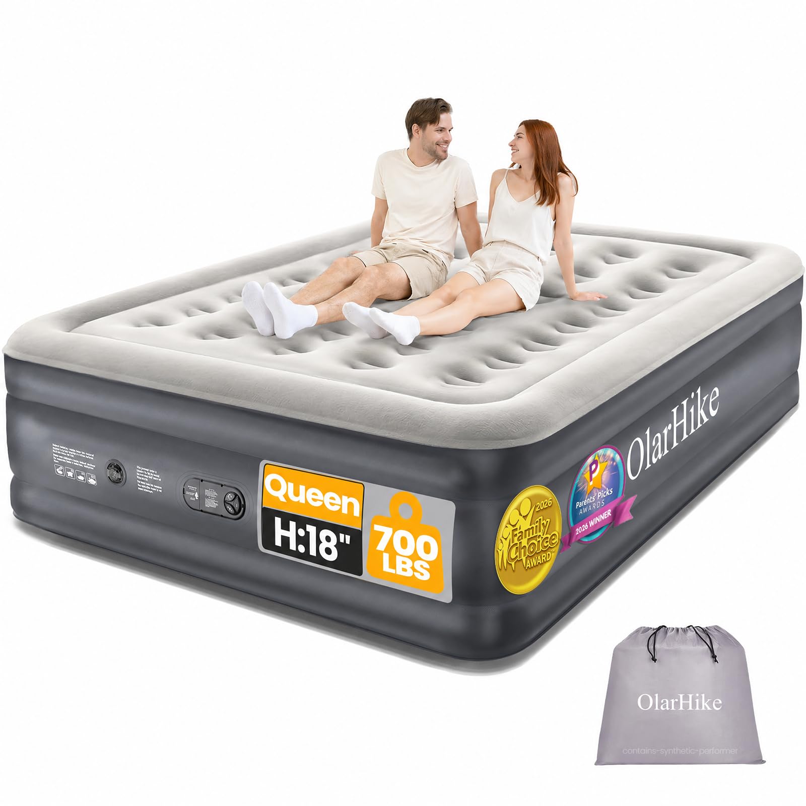 OlarHike queen front view showing bed height and mattress support