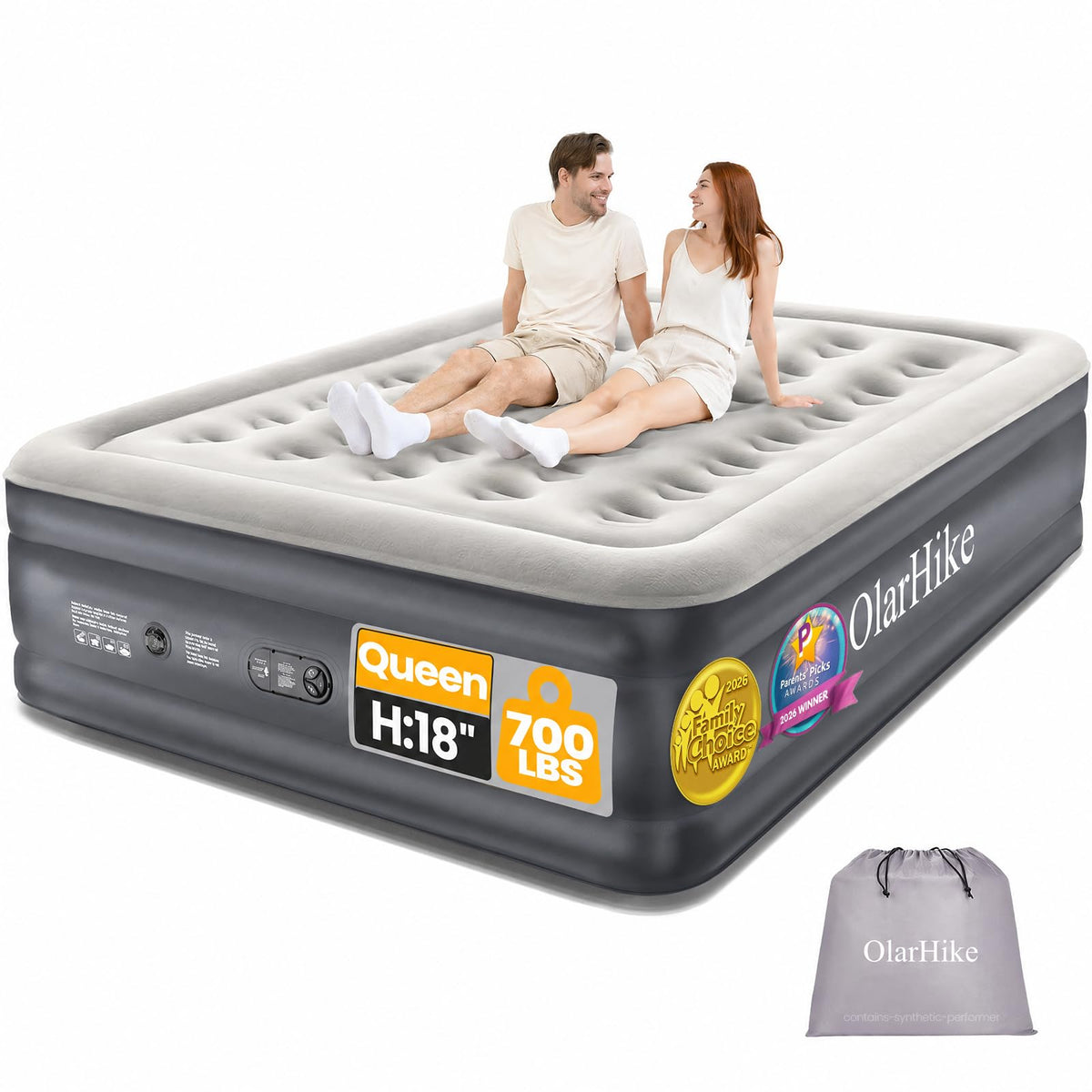 OlarHike queen front view showing bed height and mattress support