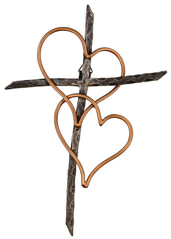 Old River Outdoors front view of entwined hearts metal wall cross showing design and decorative appeal