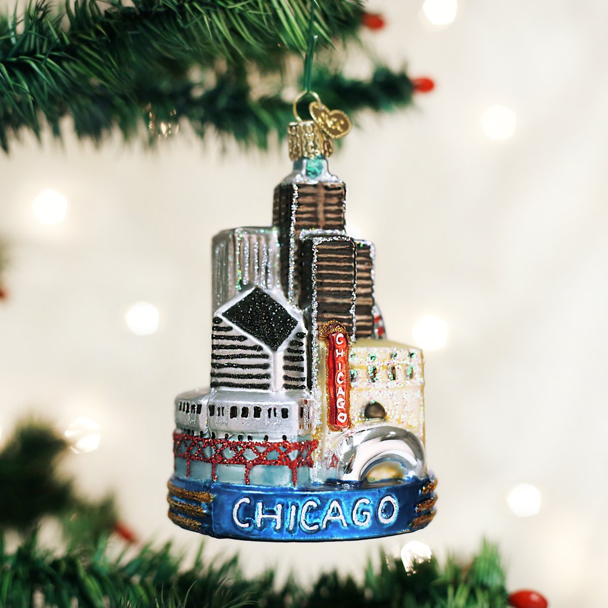 Old World Christmas close-up of hand-painted skyline with glittered window detail