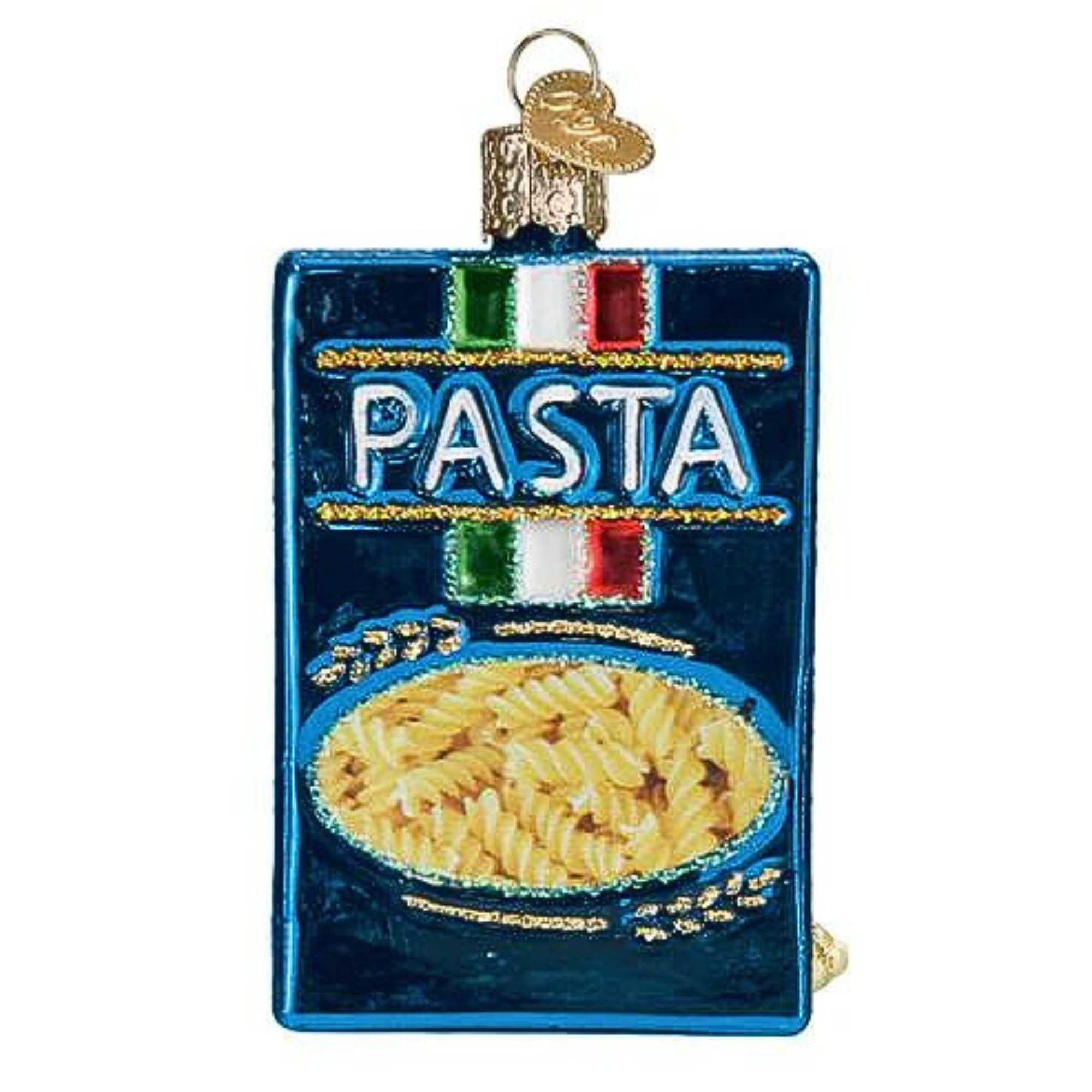Old World Christmas closeup of glitter and tiny pasta detail highlighting artisan finish