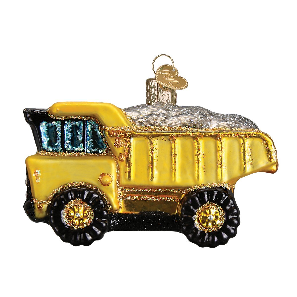 Old World Christmas toy dump truck front view showing glossy yellow finish and charm