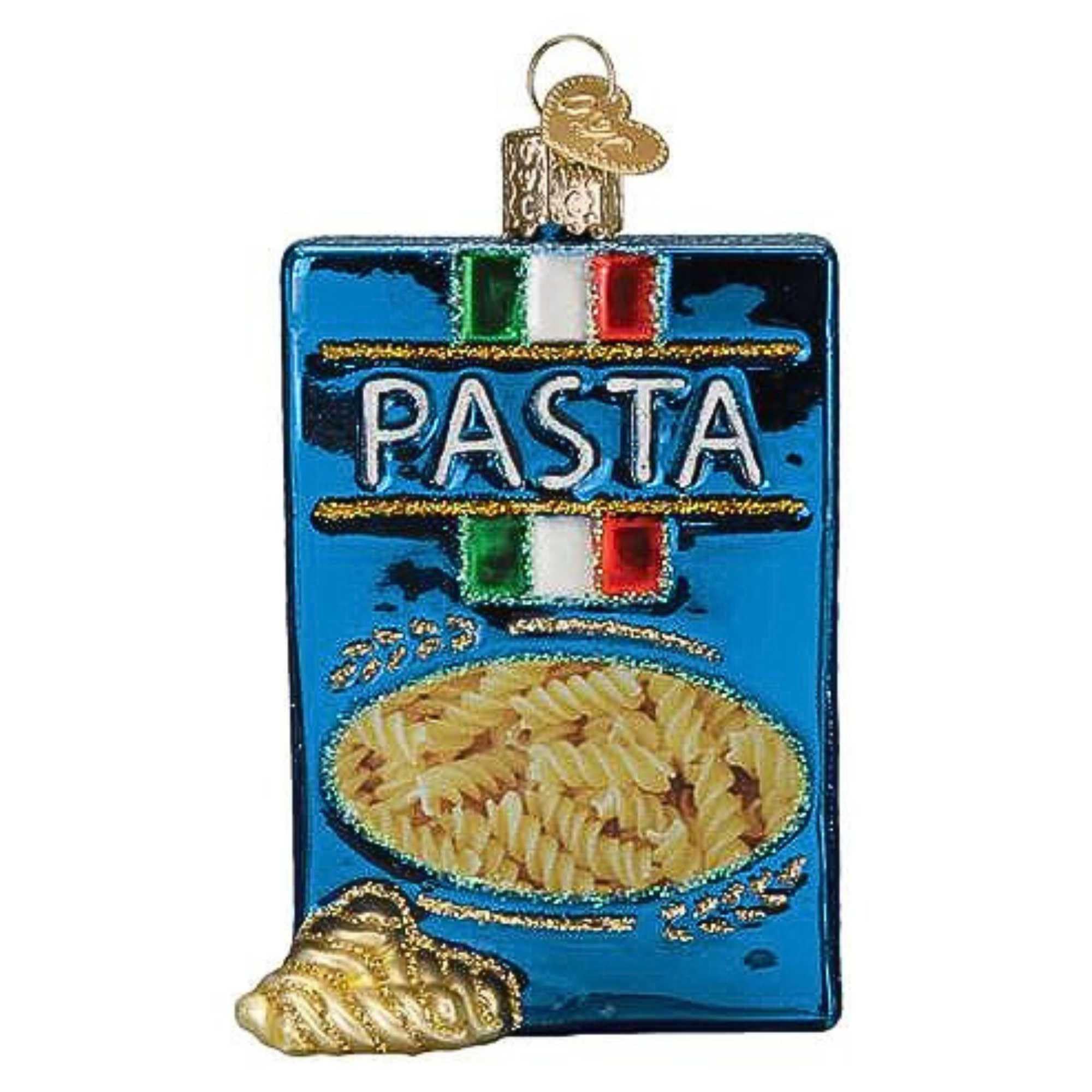 Old World Christmas front view showing pasta box ornament and cheerful holiday charm