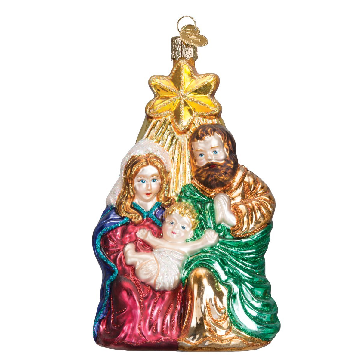 Old World Christmas front view of Holy Family ornament showing nativity detail and heirloom quality