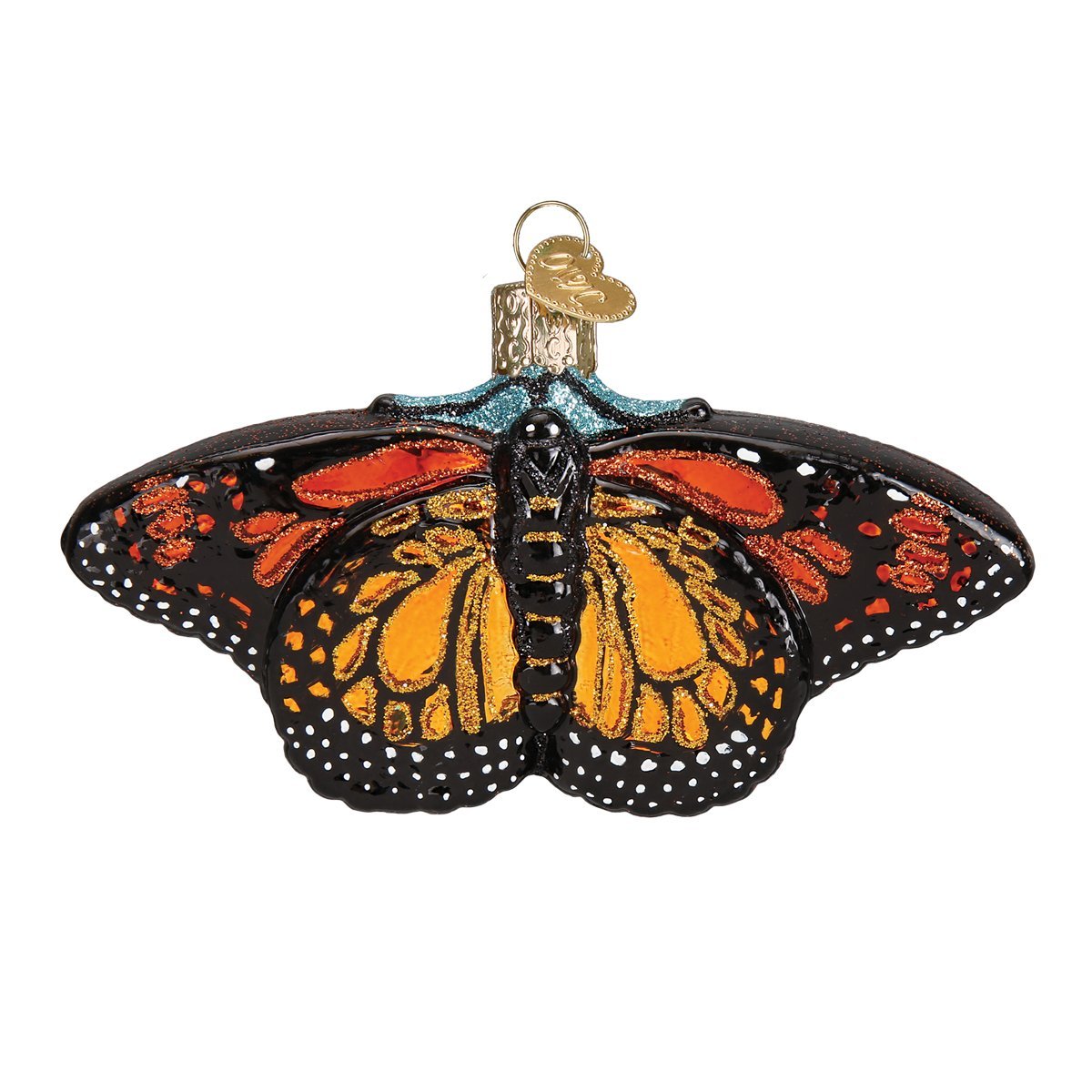 Old World Christmas monarch butterfly front view showing vibrant color and festive sparkle