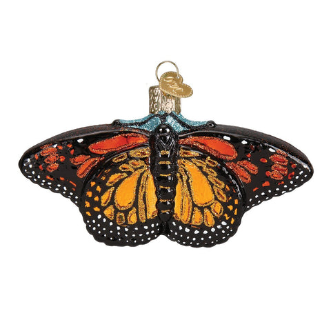 Old World Christmas monarch butterfly front view showing vibrant color and festive sparkle