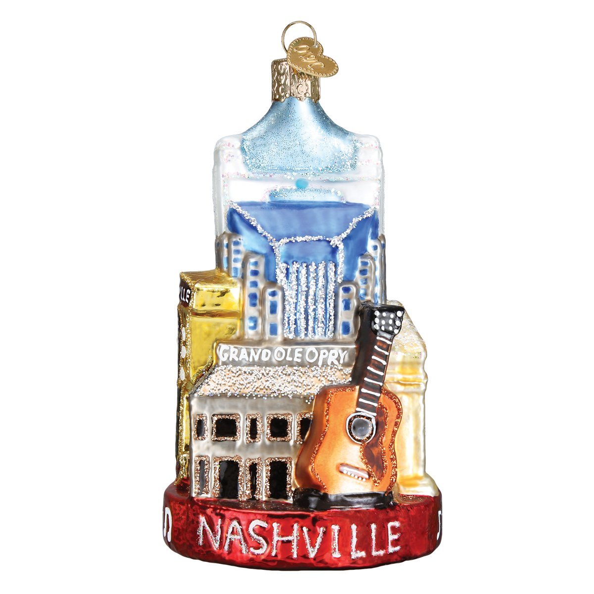 Old World Christmas front view showing Nashville skyline ornament benefit: collectible sparkle