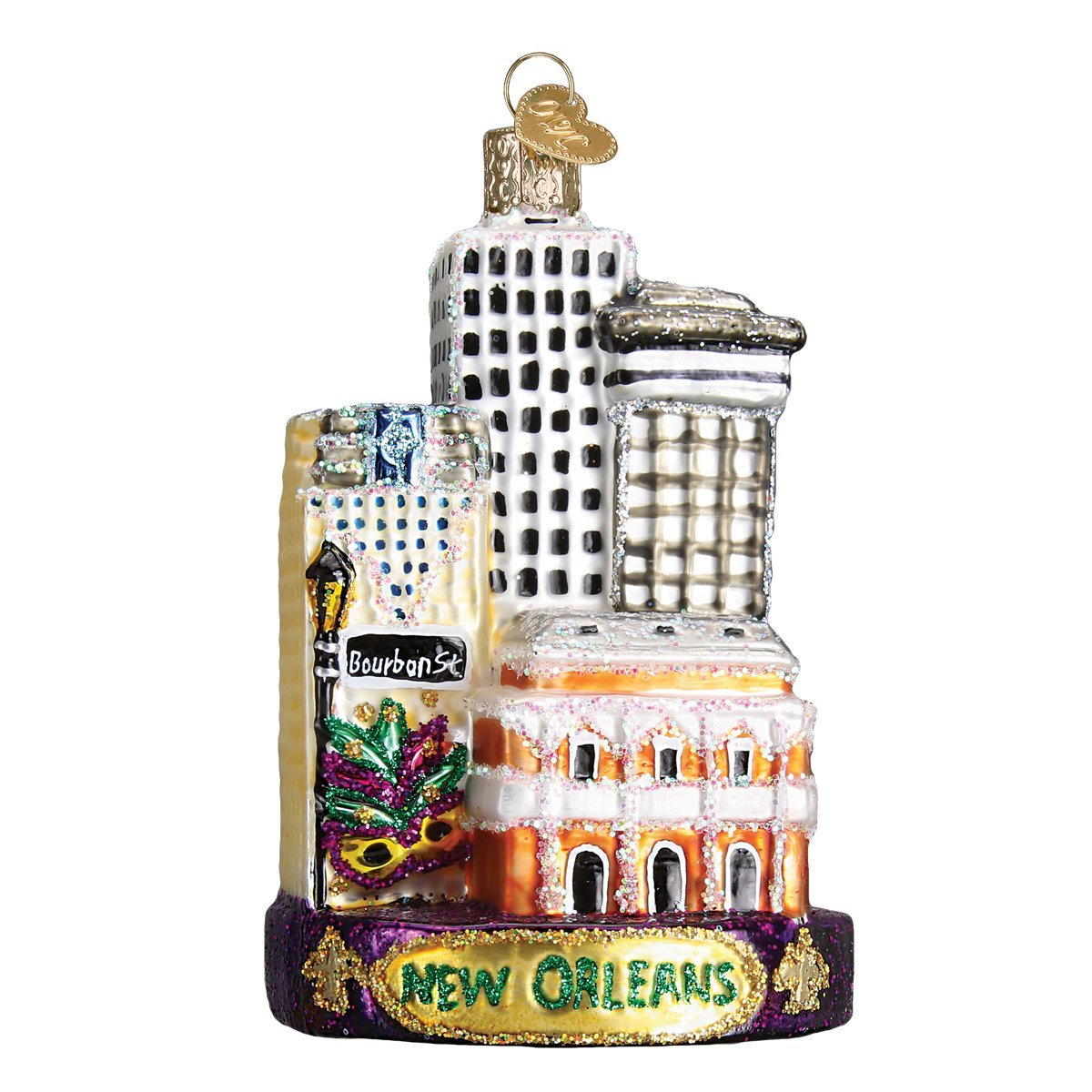 Old World Christmas ornament front view showing New Orleans scene and festive charm