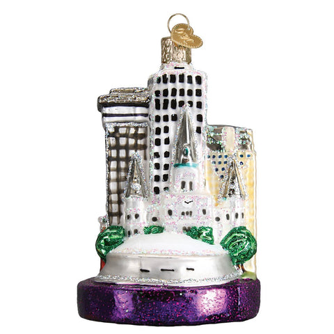 Old World Christmas ornament side profile displaying glossy finish and metallic accents