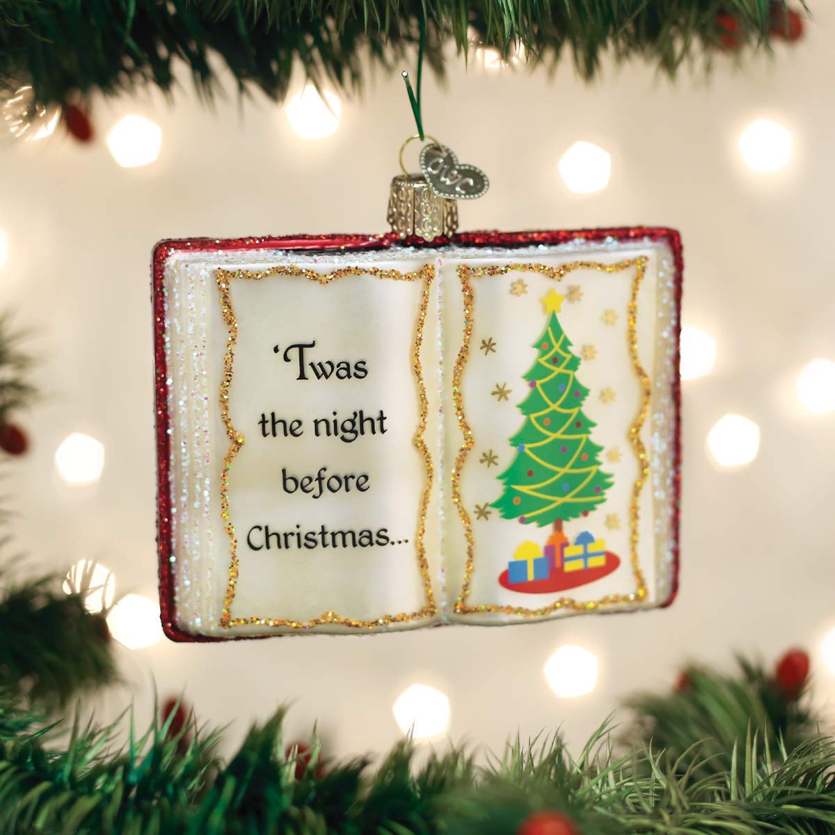 Old World Christmas open pages detail with poem lines and tree, evokes nostalgic charm