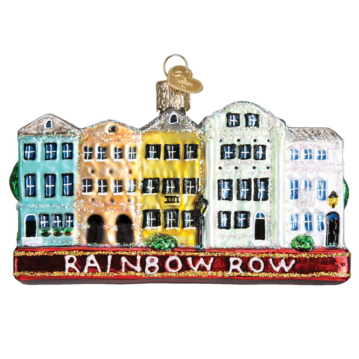 Old World Christmas front view of Rainbow Row ornament showing pastel facade and festive charm