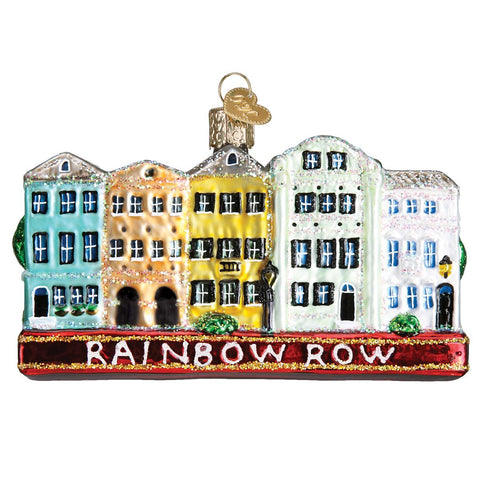 Old World Christmas front view of Rainbow Row ornament showing pastel facade and festive charm
