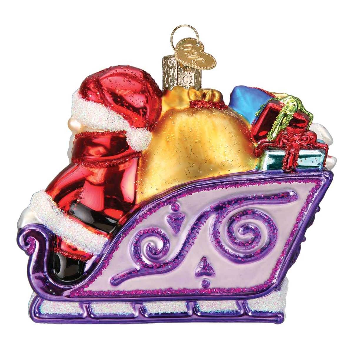 Old World Christmas close-up of hand-painted detail and glittered gifts highlighting artisanal finish