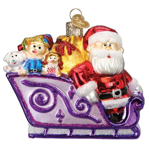 Old World Christmas front view of Santa and friends ornament showing festive colors and shape for tree impact