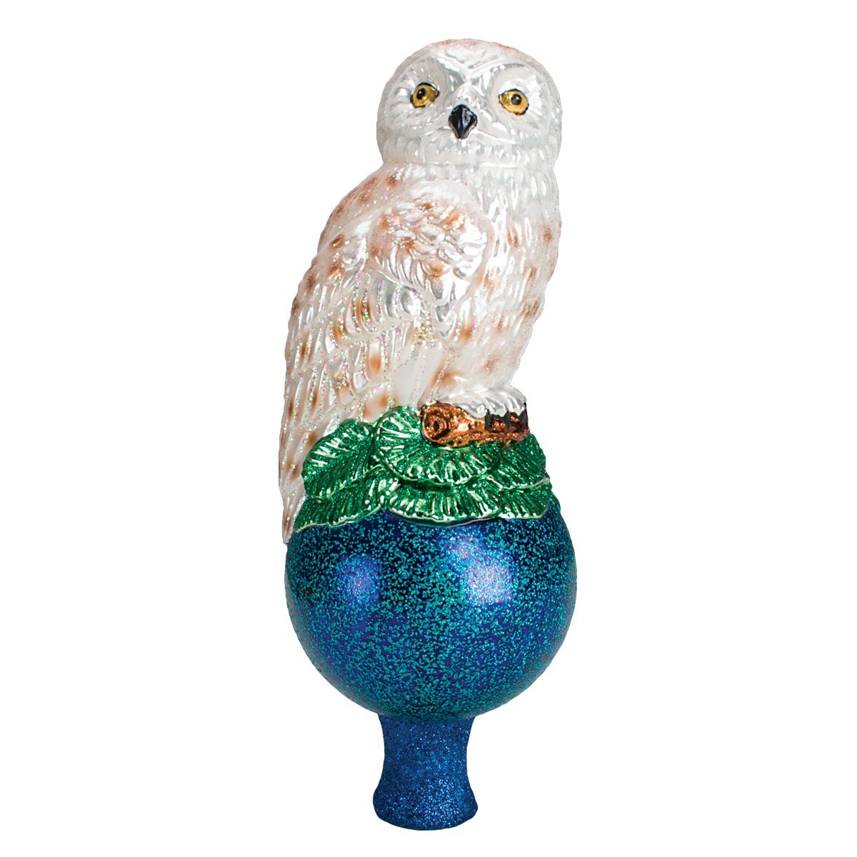 Old World Christmas snowy owl front view showing handblown glass and glittered blue perch, adds vintage charm
