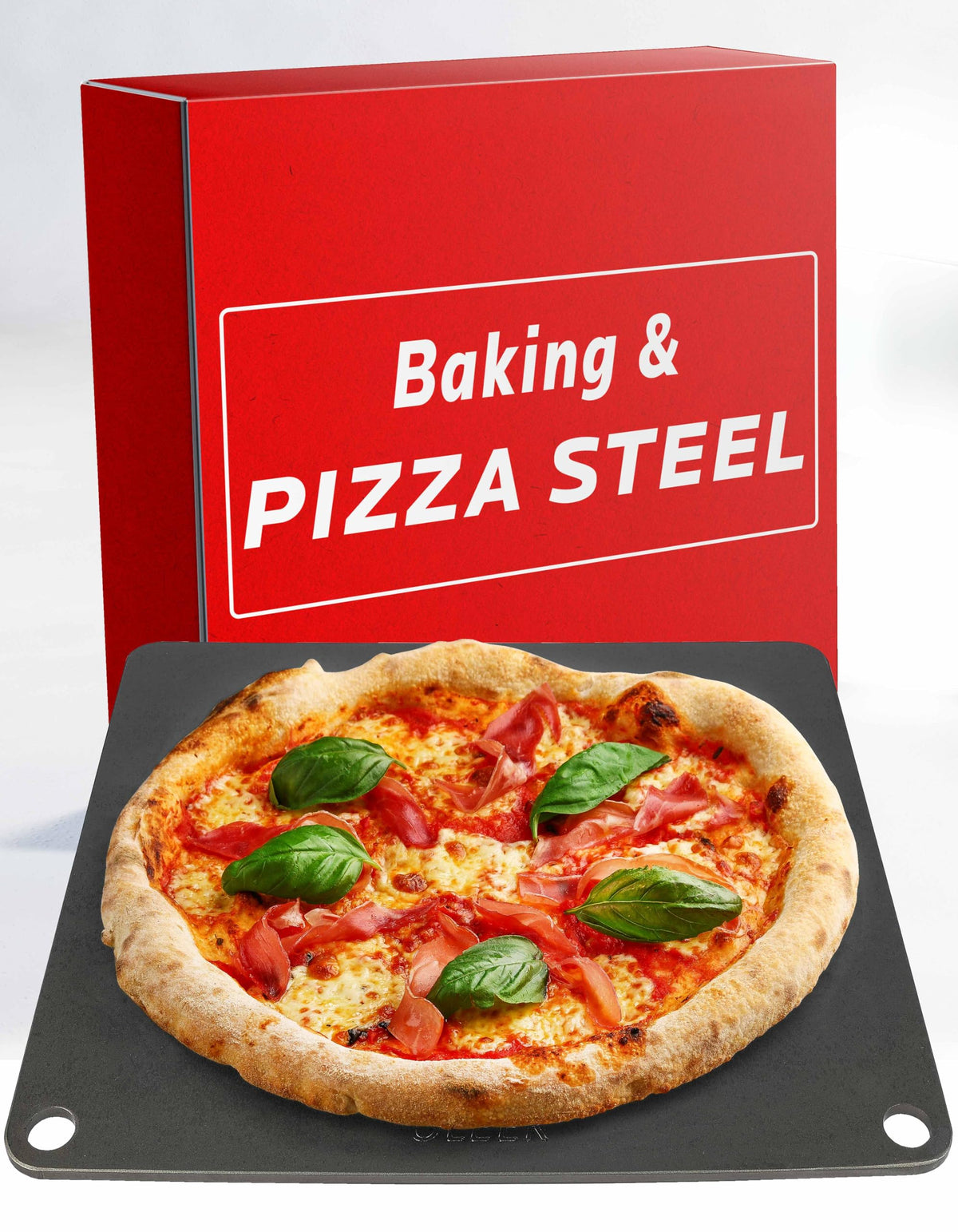 OLEEK front view of pizza steel sheet showing durable surface and capacity benefit