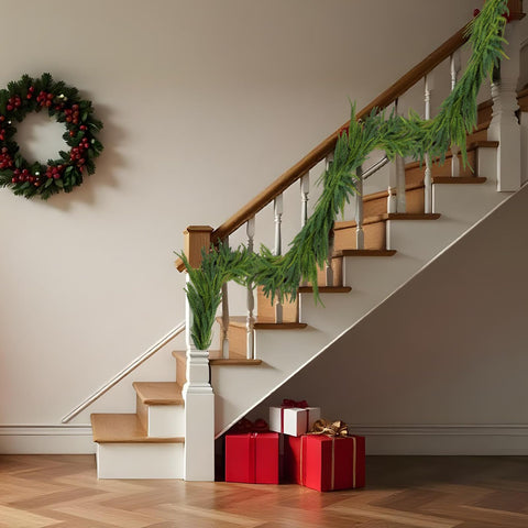 Oleitodh garland laid next to tape measure showing six-foot length benefit: easy sizing choice