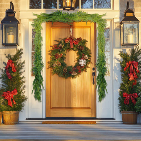 Oleitodh garland used as table centerpiece with ornaments benefit: instant festive table decor