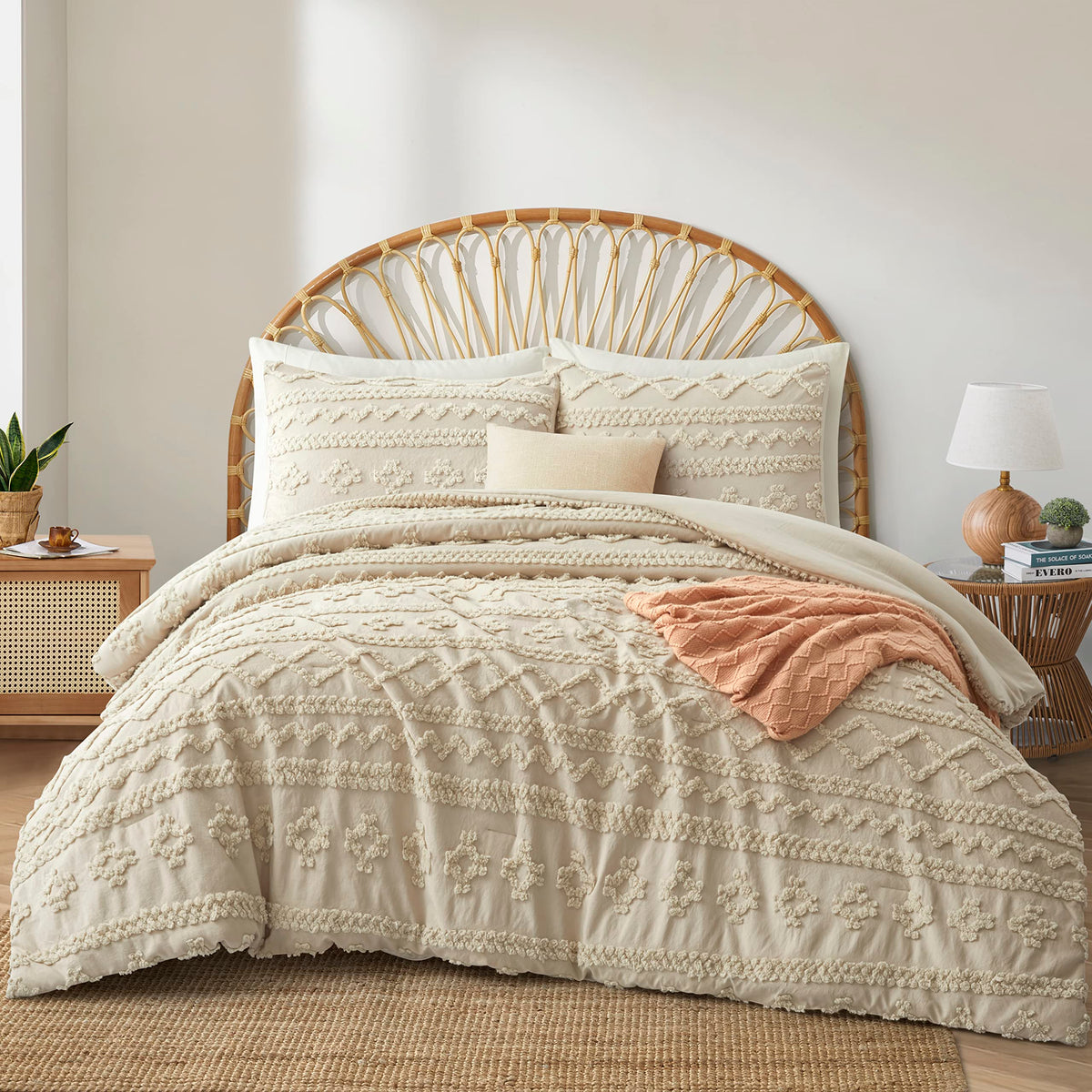 Oli Anderson front view of king comforter showing textured boho design and bedroom impact