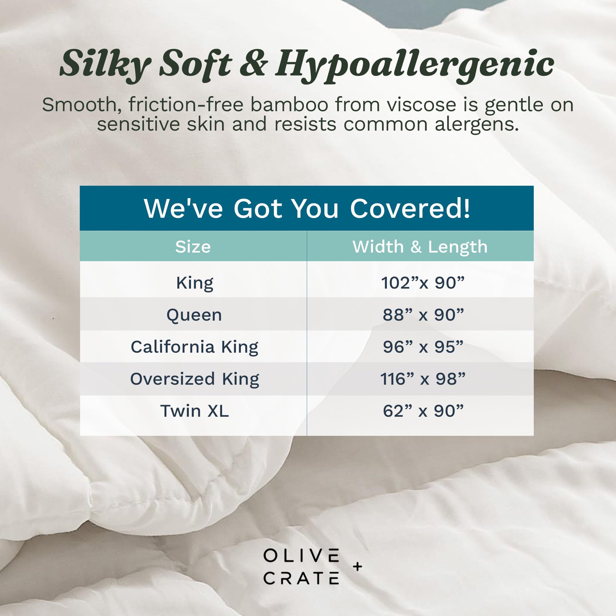 Olive + Crate comforter on bed with person for size scale and roomy overhang