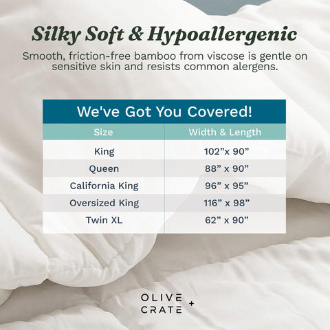 Olive + Crate comforter on bed with person for size scale and roomy overhang