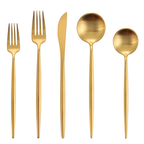 Oliviola matte gold flatware front packaging showing complete 40-piece set benefit: organized gift-ready set