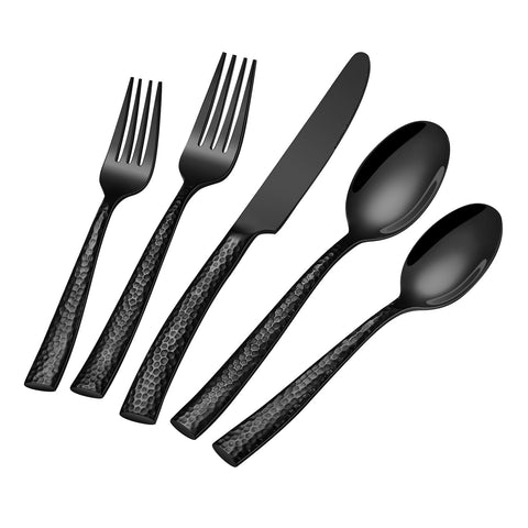 Ollex front view of 40-piece black hammered flatware showing complete set benefits