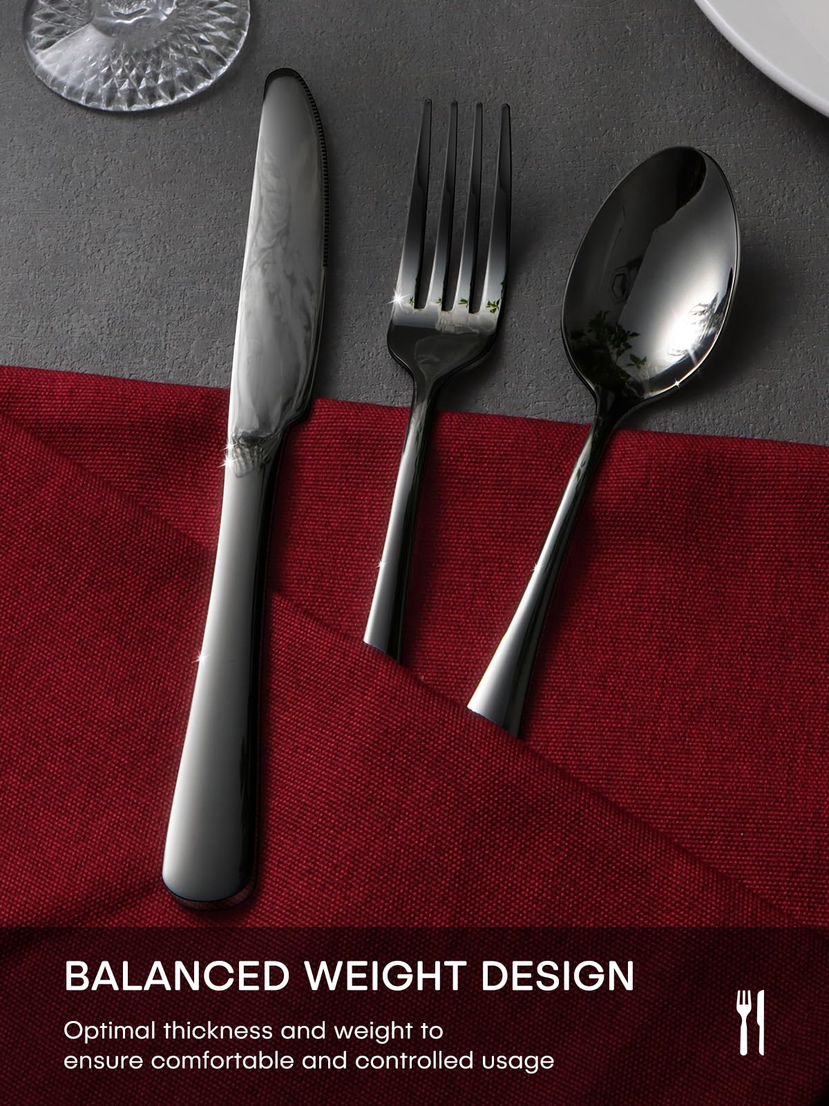 Ollex flatware next to a glass showing size and scale for portion planning