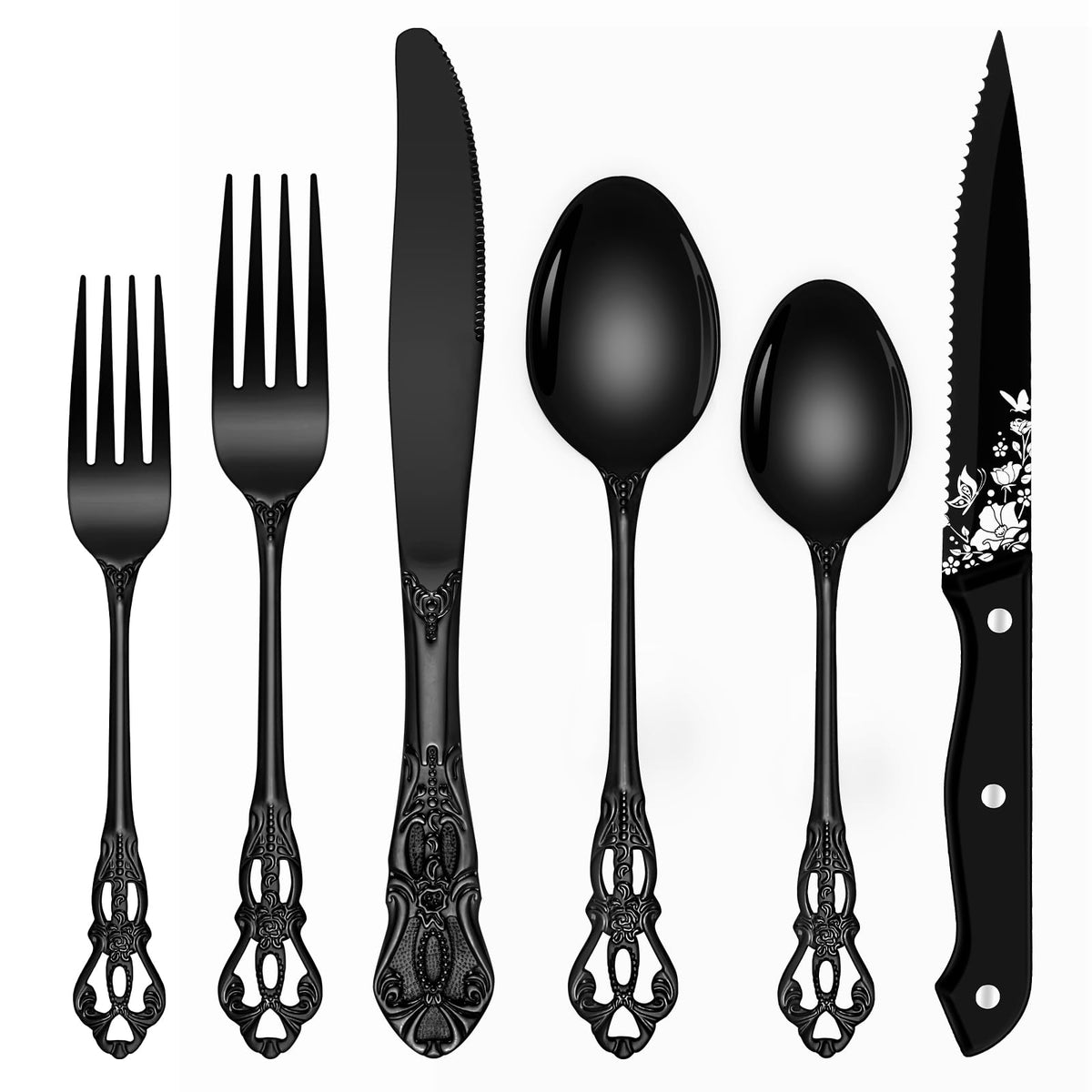 Ollex front view of entire black flatware set showing completeness and elegant look