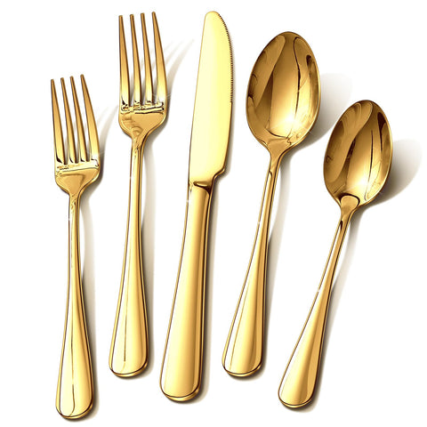 Ollex front packaging showing full 40-piece gold flatware set and organized layout benefit elegance