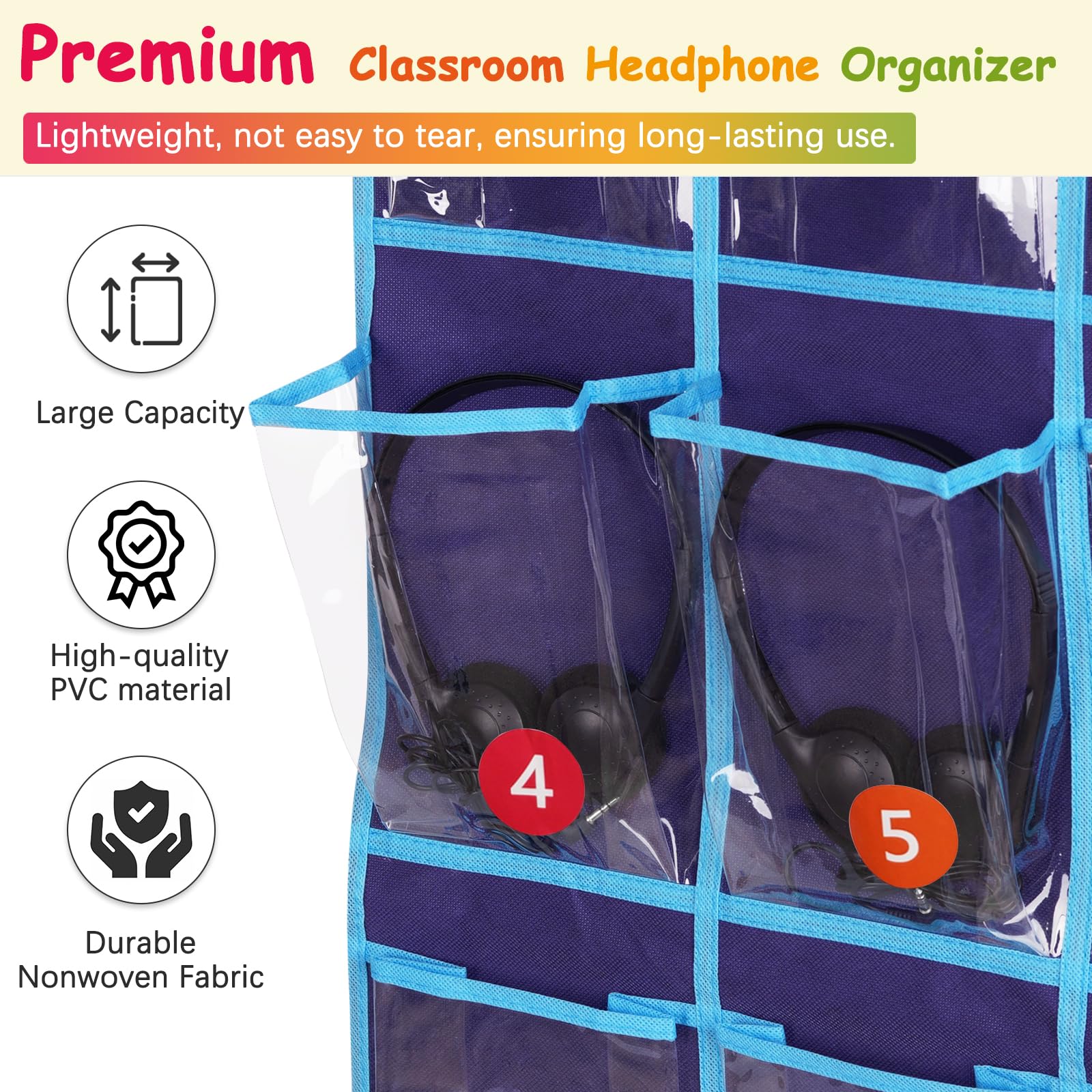 Olpchee organizer on classroom wall storing student headphones for quick access