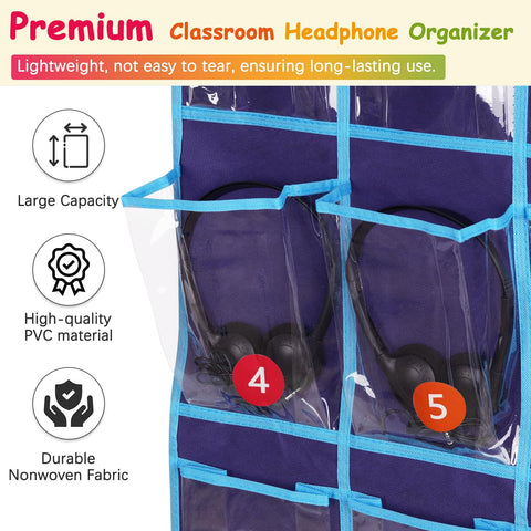 Olpchee organizer on classroom wall storing student headphones for quick access