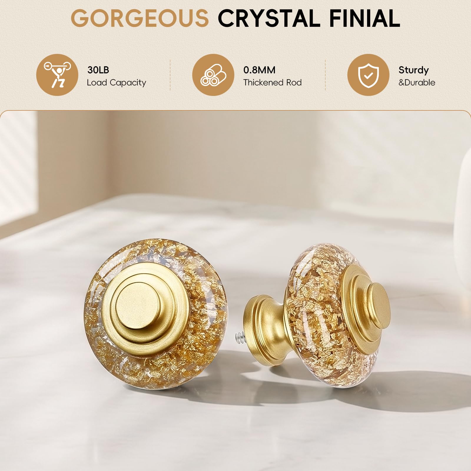OLV crystal gold finial closeup highlighting decorative detail and polished shine