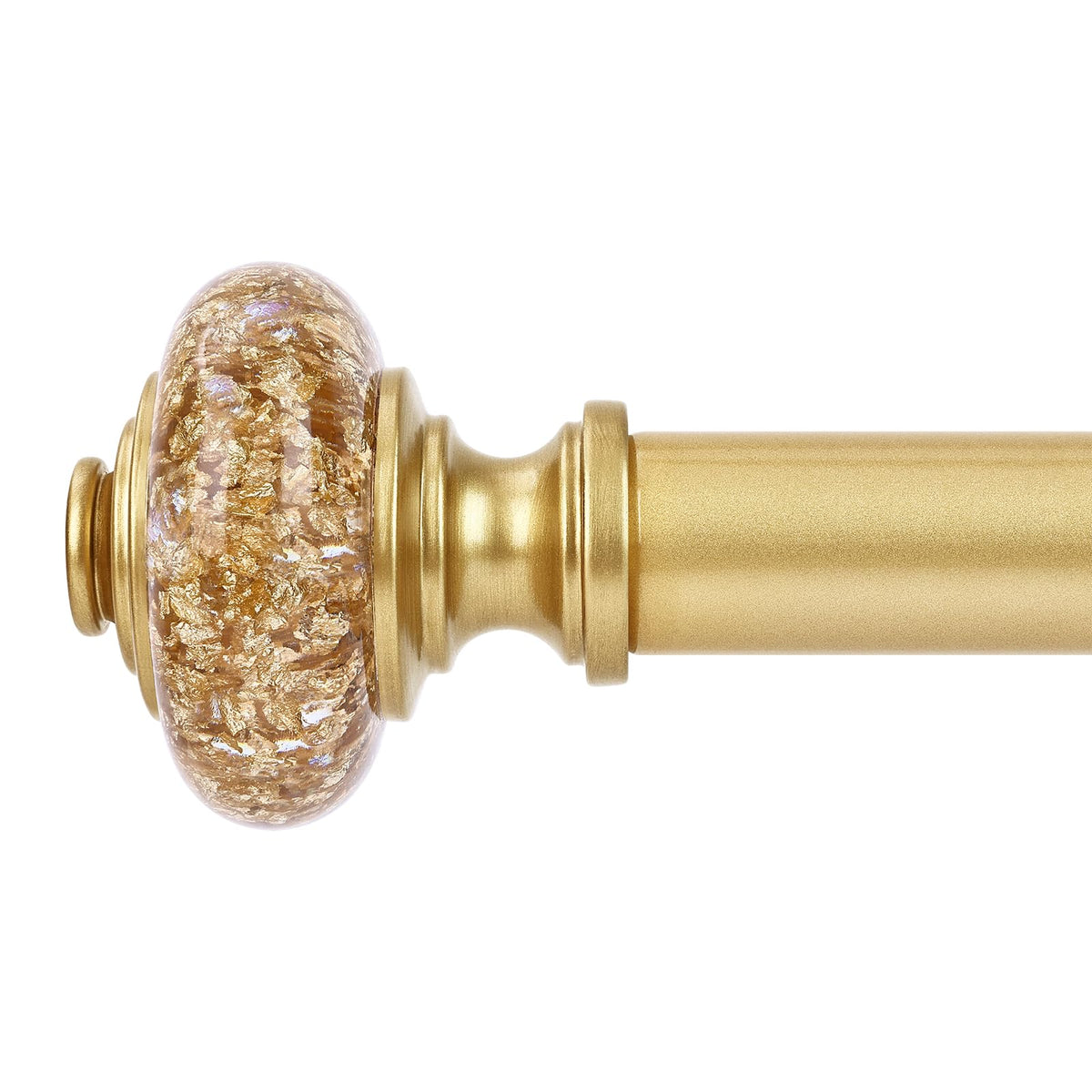 OLV gold curtain rod front view showing vintage crystal finials and elegant silhouette